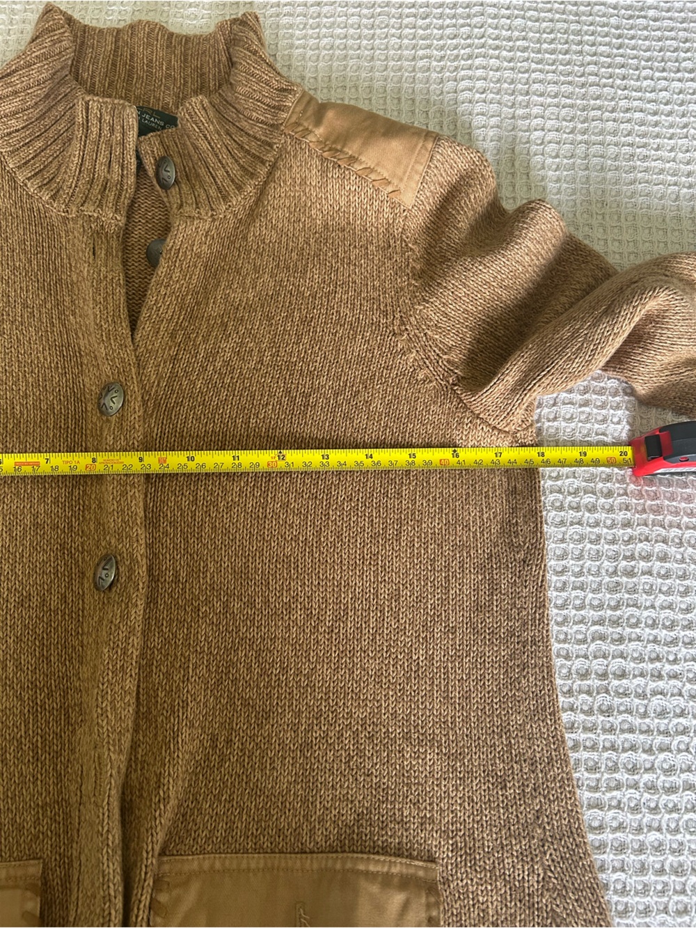 Ralph Lauren Vintage knit Cardigan Sweater – Camel with Suede Pockets - L - Picture 10 of 12